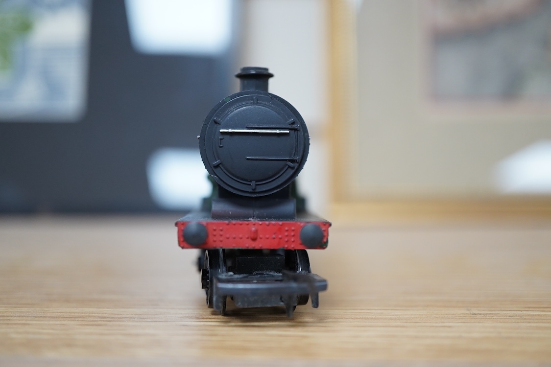 A quantity of 00 gauge model railway by Hornby, Tri-ang, etc. including nineteen locomotives in BR, GWR, LMS, etc. liveries, together with a boxed electrically operated turntable (R070), a terraced house (R8621) and a ga